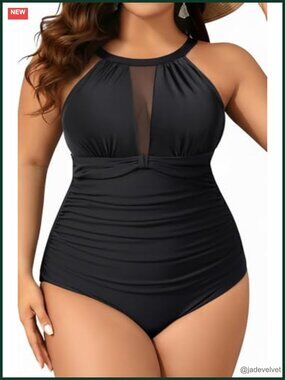 Plus Size One Piece Swimsuit Tummy Control High Neck Ruched Swimwear